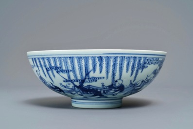 A Chinese blue and white 'playing boys' bowl, Yongzheng mark and of the period